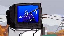a cartoon drawing of a broken television with a purple cube on the screen