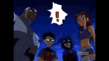 a group of cartoon characters are standing next to each other with an exclamation point above them