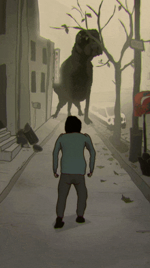 a drawing of a man standing in front of a statue of a dog with a sign that says ' tokyo '