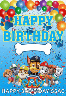 a paw patrol birthday card with balloons and confetti on a blue background