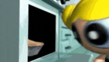 a cartoon character is looking at something in a microwave oven .