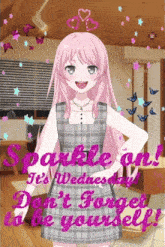 a girl with pink hair is standing in front of a sign that says sparkle on