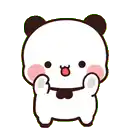 a panda bear with a red tongue is holding its paws up .