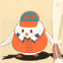 a cartoon bird wearing a hat and holding a bat .