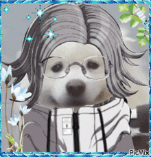 a picture of a dog wearing glasses and a hoodie with flowers in the background