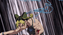 a cartoon drawing of a girl with horns and a blue rope around her neck