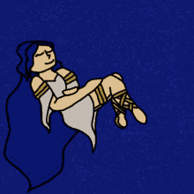 a cartoon drawing of a woman floating in the air with a blue background