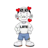 a cartoon character wearing sunglasses and a white shirt that says late