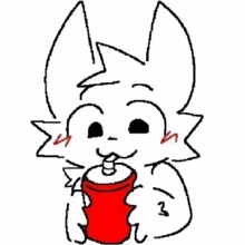 a drawing of a furry animal drinking from a red can with a straw .