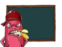 a cartoon character with a banana in his mouth stands in front of a blackboard