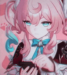 a girl with pink hair and blue eyes is holding a cellphone