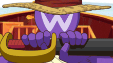 a purple cartoon character with a w on his hat