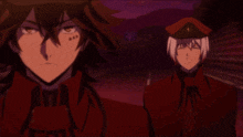 two anime characters standing next to each other with one wearing a red uniform