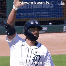 a baseball player wearing a jersey with the number 21 on it says steven kwan is better than me