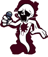 a cartoon drawing of a skeleton with a microphone in front of him .