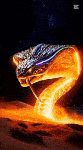 a snake with a long tongue sticking out of its mouth is surrounded by fire .