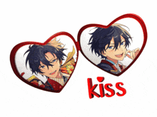 two hearts with a picture of a boy and the word kiss on the bottom