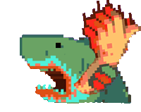a pixel art drawing of a shark with flames coming out of it 's mouth