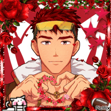 a picture of a man making a heart with his hands with roses around him