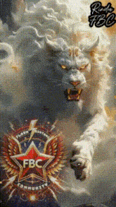 a picture of a white lion with a fcb community logo in the background