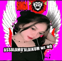 a girl with wings and a lion on her head is wearing headphones .