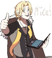 a drawing of a man giving a thumbs up with the word nice written in the background