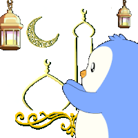 a blue penguin is standing in front of a mosque with lanterns and a crescent moon in the background