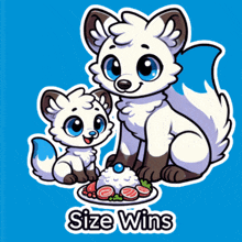 a cartoon of a fox and a baby fox with a plate of food underneath them that says size wins