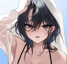 a drawing of a girl in a bikini covering her head with her hand