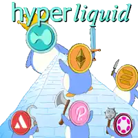 a cartoon of penguins with coins on their heads and the words hyper liquid above them