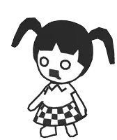 a black and white drawing of a girl wearing a checkered skirt