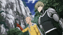 two anime characters standing next to each other one is pointing at something