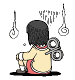 a cartoon of a girl sitting on the ground with a wind up toy on her back .