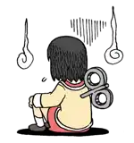 a cartoon of a girl sitting on the ground with a wind up toy on her back .