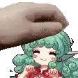 a pixel art of a person petting a cartoon character with green hair .