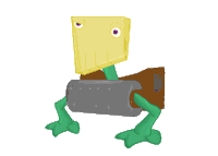 a cartoon character with a yellow box on its head and green legs