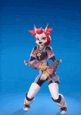 a cartoon character with red hair and white arms is dancing on a blue background