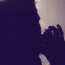a silhouette of a person singing into a microphone against a purple sky