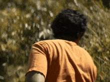 a man in an orange shirt is walking in a field