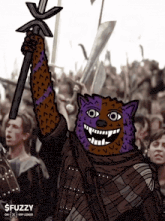 a cartoon of a purple and brown monster holding a sword with the words $ fuzzy on the bottom right