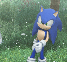 a sonic the hedgehog standing in the grass with a tree in the background