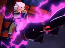 a cartoon character with a purple lightning bolt coming out of his chest