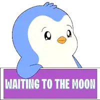 a blue and white penguin peeking over a purple sign that says waiting to the moon