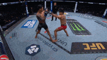 two men are fighting in a ring with bud light and monster advertisements on the floor