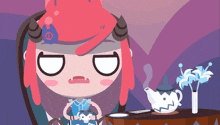 a cartoon character sitting at a table with a teapot and a vase of flowers