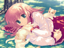 a girl with pink hair and blue eyes is laying in the grass with two white cats