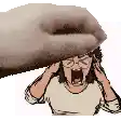 a woman is screaming while holding her hands to her ears while a hand is holding her head .