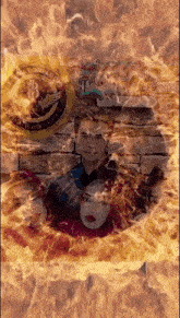 a picture of a man and a woman surrounded by flames with the word love on the bottom right