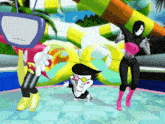 a group of cartoon characters are dancing in front of a waterslide