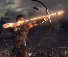 a man is holding a bow and arrow with fire coming out of his eyes